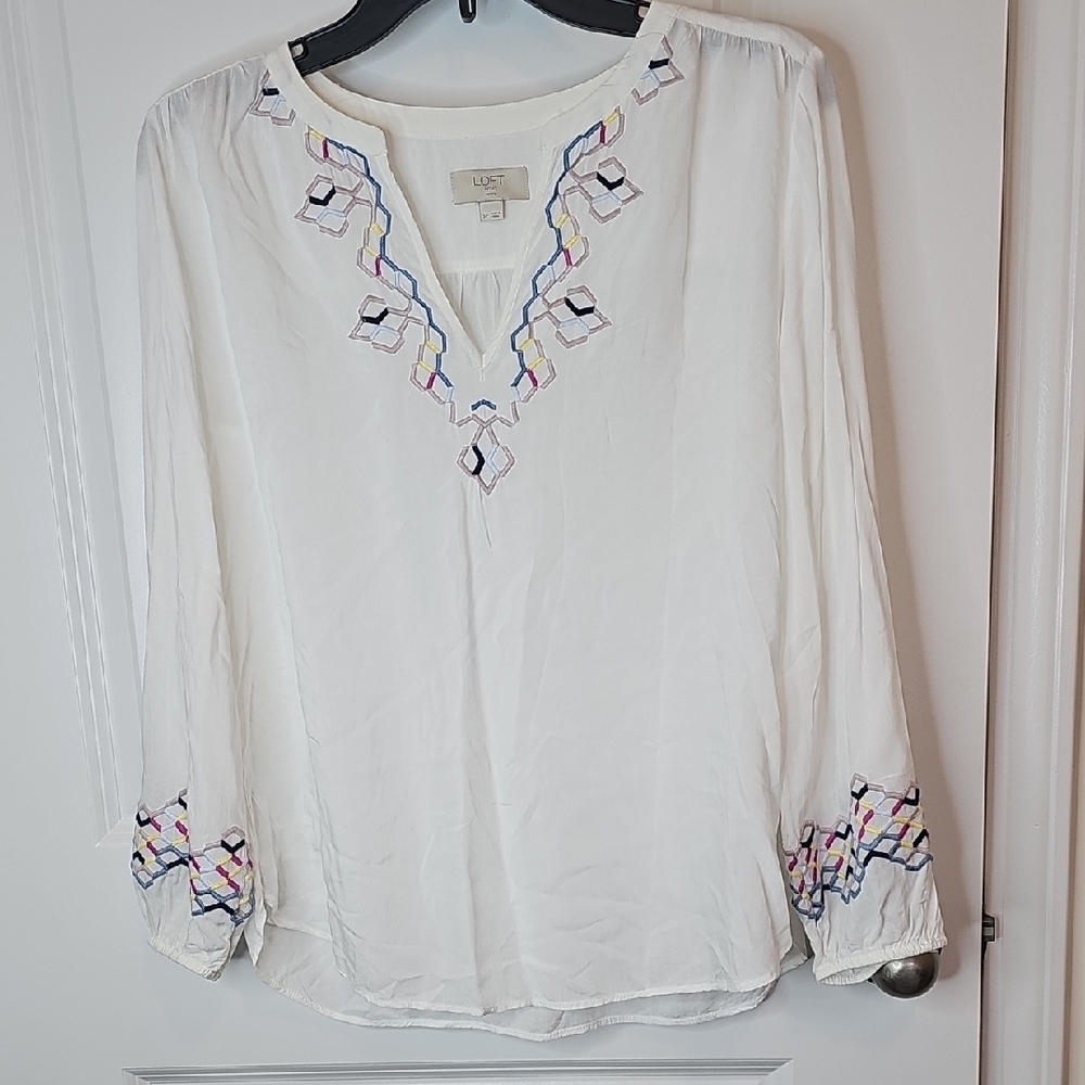 LOFT White Blouse with Multicolor Embroidery